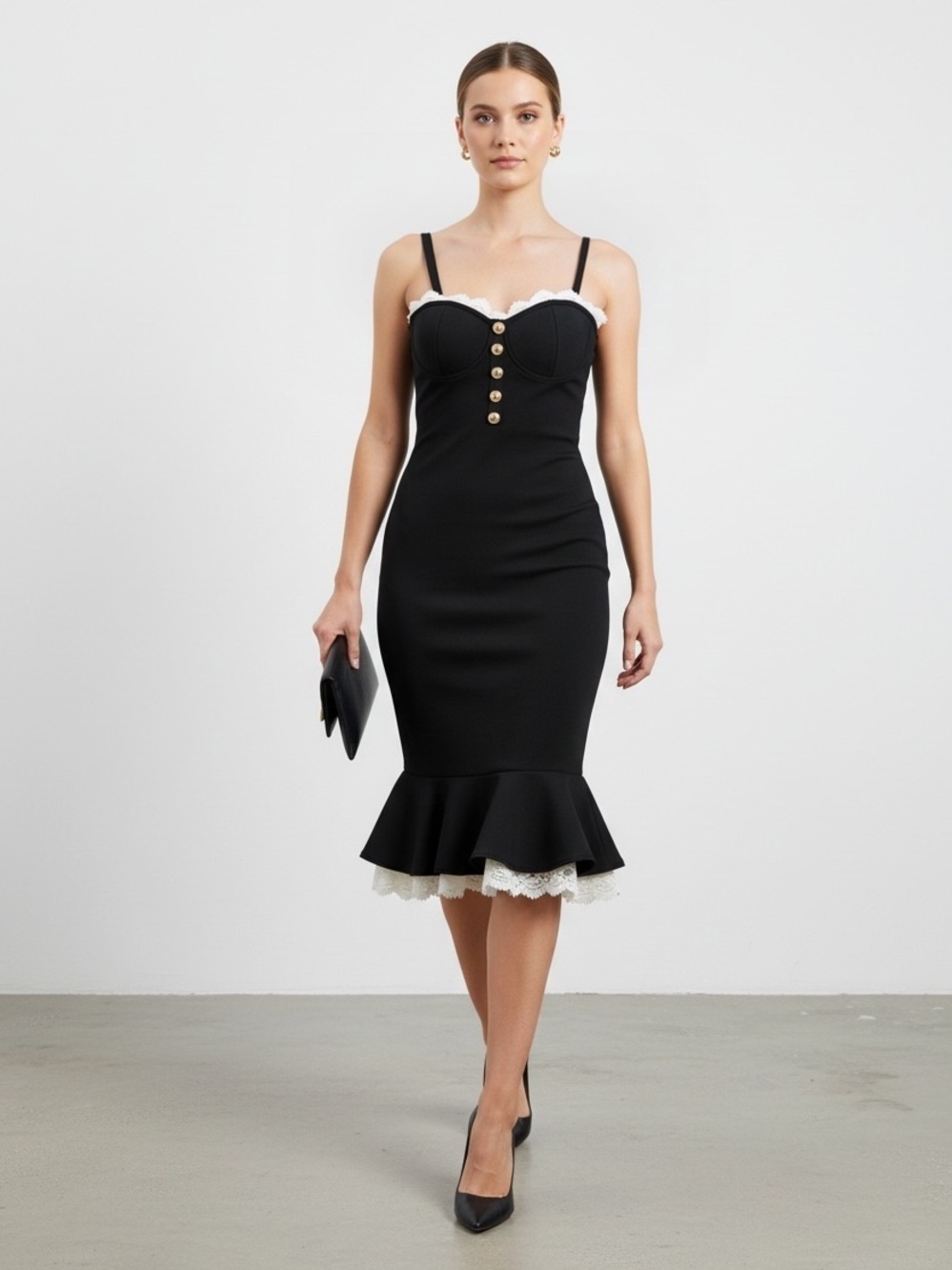 1637 • Black Fit & Flair Bandage Dress w/Lace Trim Gold Buttons - Picture 5 of 6
